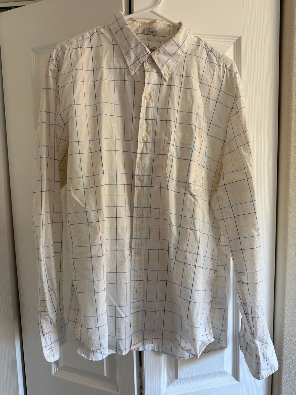 J. Crew Men's Cream Windowpane Button-Down Shirt with Multicolor Grid